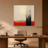 Tablou Canvas Bărbat pe Marginea Lacului la Apus, în Stil Japandi, Negru – Portocaliu