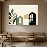 Tablou Canvas Camere cu Geamuri, Uși și Plante, în Stil Japandi, Negru – Verde