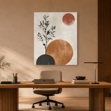 Tablou Canvas Cercuri și Frunze, în Stil Japandi, Oliv – Portocaliu