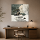 Tablou Canvas Copac Japonez, Râu și Pietre, în Stil Japandi, Bej – Gri