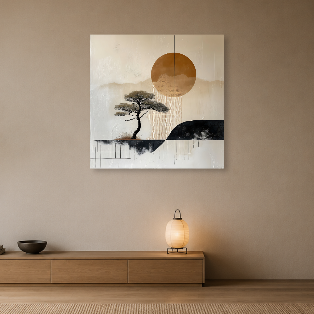 Tablou Canvas Copac Japonez și Soare la Apus, în Stil Japandi, Negru – Bej