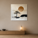 Tablou Canvas Copac Japonez și Soare la Apus, în Stil Japandi, Negru – Bej