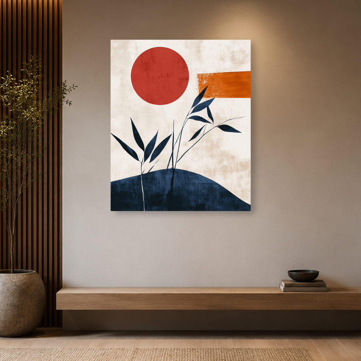 Tablou Canvas Deal sub Apus și Plante, în Stil Japandi, Albastru – Portocaliu