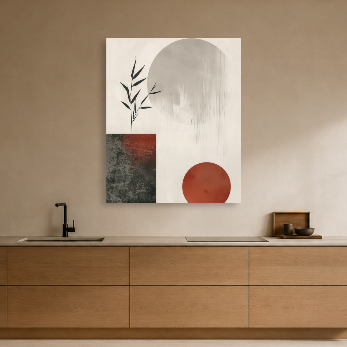 Tablou Canvas Forme abstracte și Frunze, în Stil Japandi, Negru – Terracotta