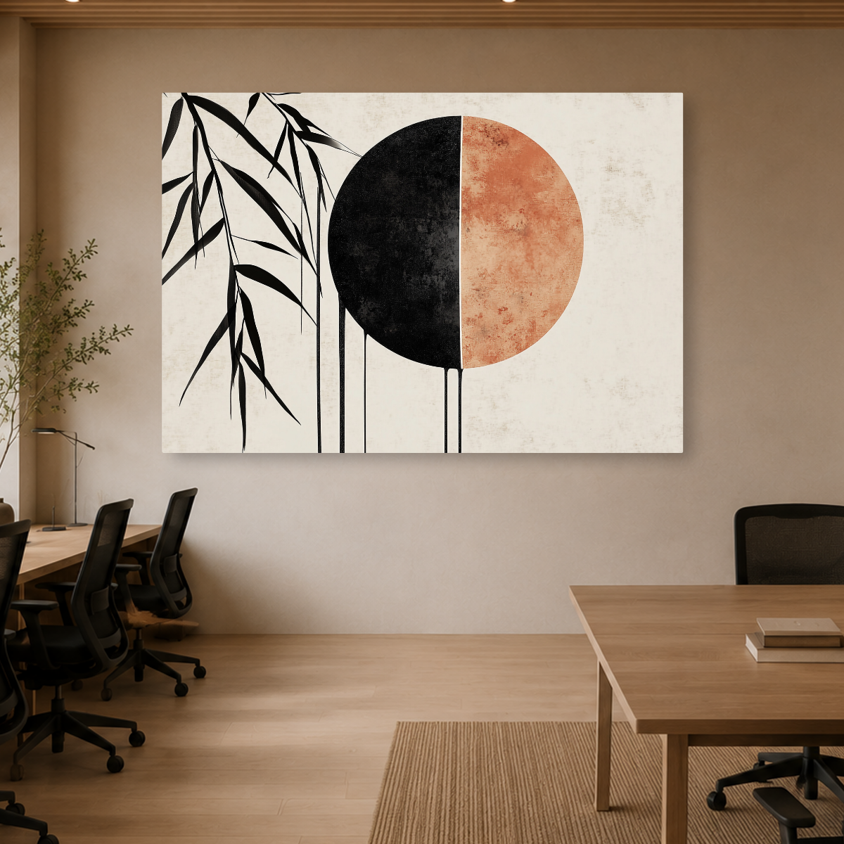 Tablou Canvas Plante Curgătoare și Forme, în Stil Japandi, Negru – Portocaliu