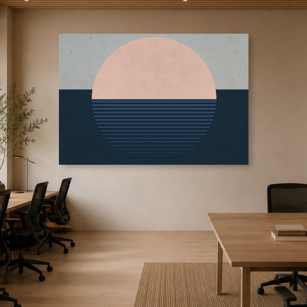 Tablou Canvas Soare Abstract în Linii, în Stil Japandi, Albastru – Roz