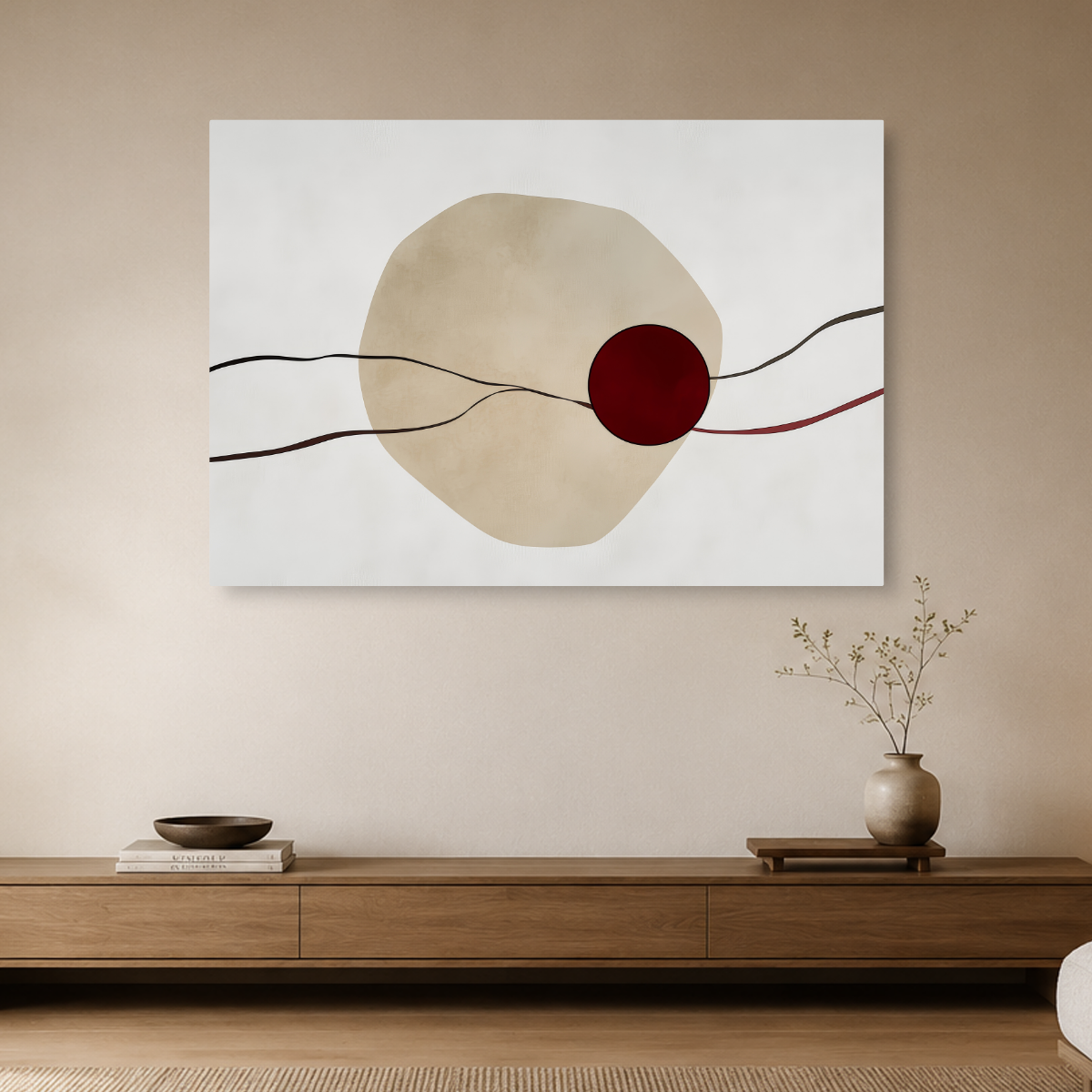 Tablou Canvas cu Linii și Cercuri Abstracte, în Stil Japandi, Bej – Vișiniu