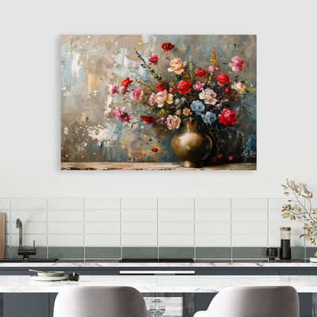 Tablou Canvas Aranjament Floral Vibrant, Pictura Texturata, Rosu-Albastru IPCVBST-7 Bucatarie