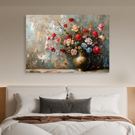 Tablou Canvas Aranjament Floral Vibrant, Pictură Texturată, Roșu-Albastru IPCVBST-7 Dormitor