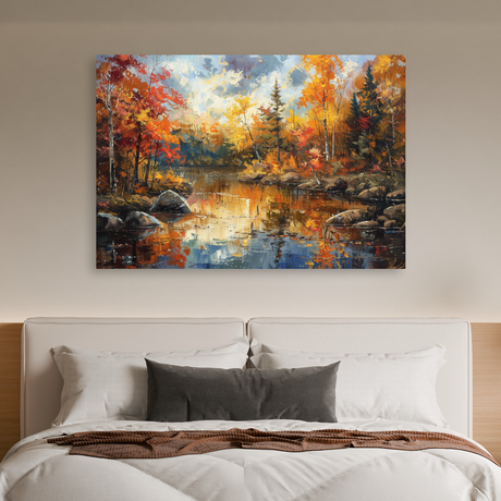 Tablou Canvas Armonia Toamnei pe Malul Râului, Pictură, Portocaliu-Auriu IPCVBST-14 Dormitor