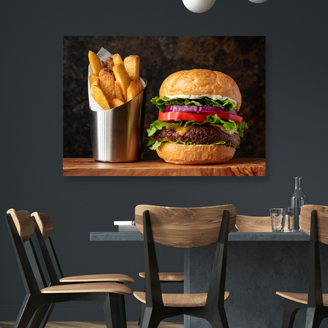Tablou Canvas Burger cu Cartofi Aurii, Stil Fotografic Bistro, Maro-Auriu IPCVALI-355