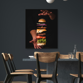 Tablou Canvas Burger în Straturi Plutitoare, Design Culinar Creativ, Negru IPCVALI-379