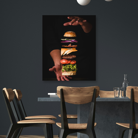 Tablou Canvas Burger în Straturi Plutitoare, Design Culinar Creativ, Negru IPCVALI-379