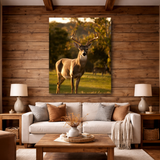 Tablou Canvas Cerb în Natură la Apus, Cadru Natural Liniștit, Maro-Verde IPCVANI-331