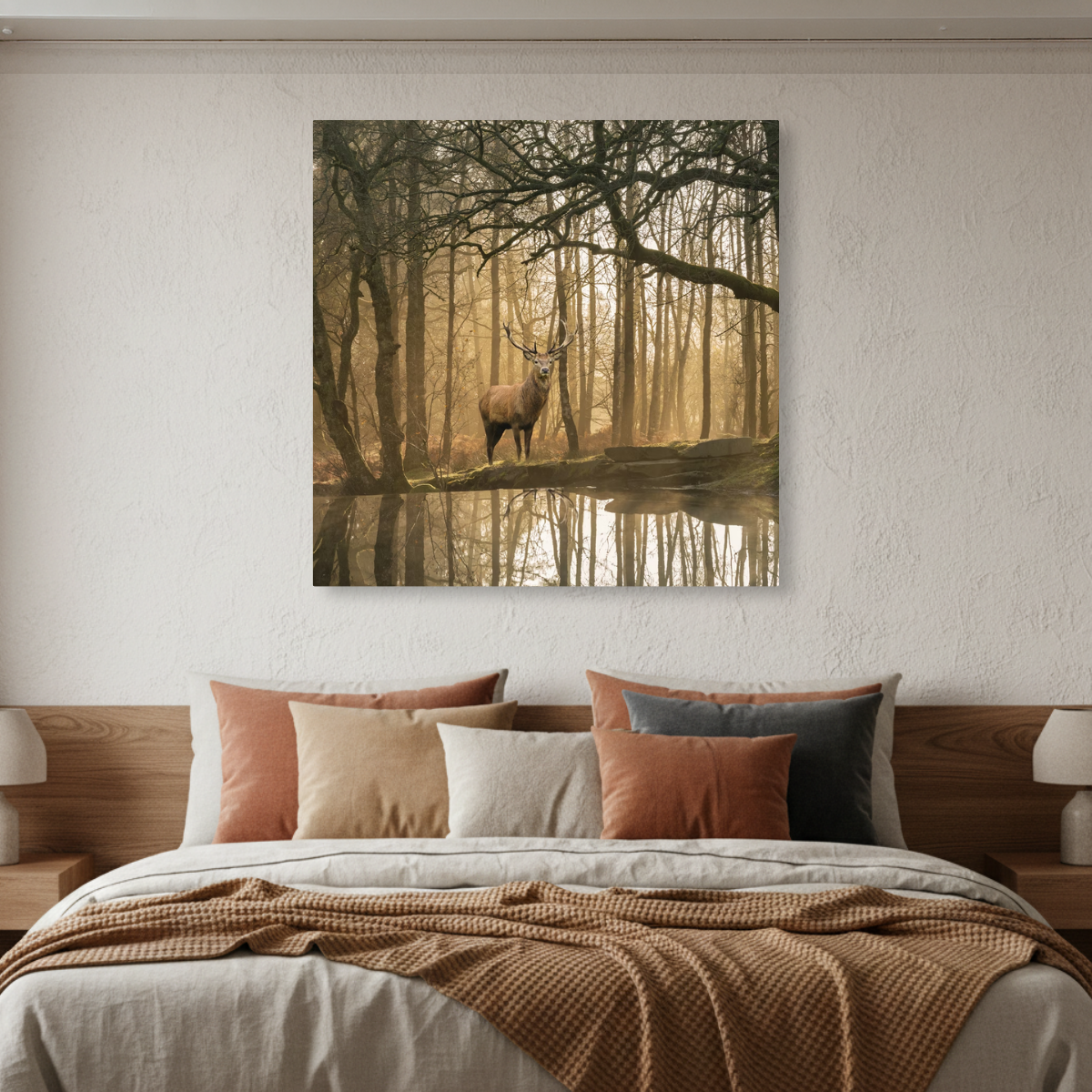 Tablou Canvas Cerb în Pădure Mistică, Stil Fotografic Cinematic, Maro-Auriu IPCVANI-349