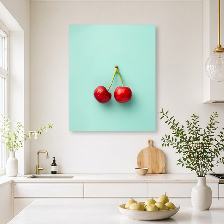 Tablou Canvas Cireșe Roșii, Compoziție Minimalistă, Albastru-Roșu IPCVALI-387