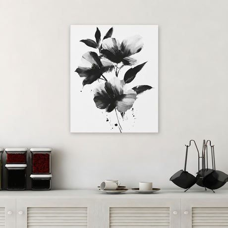 Tablou Canvas Compoziție Florală Expresivă, Pictură Modernă, Alb-Negru