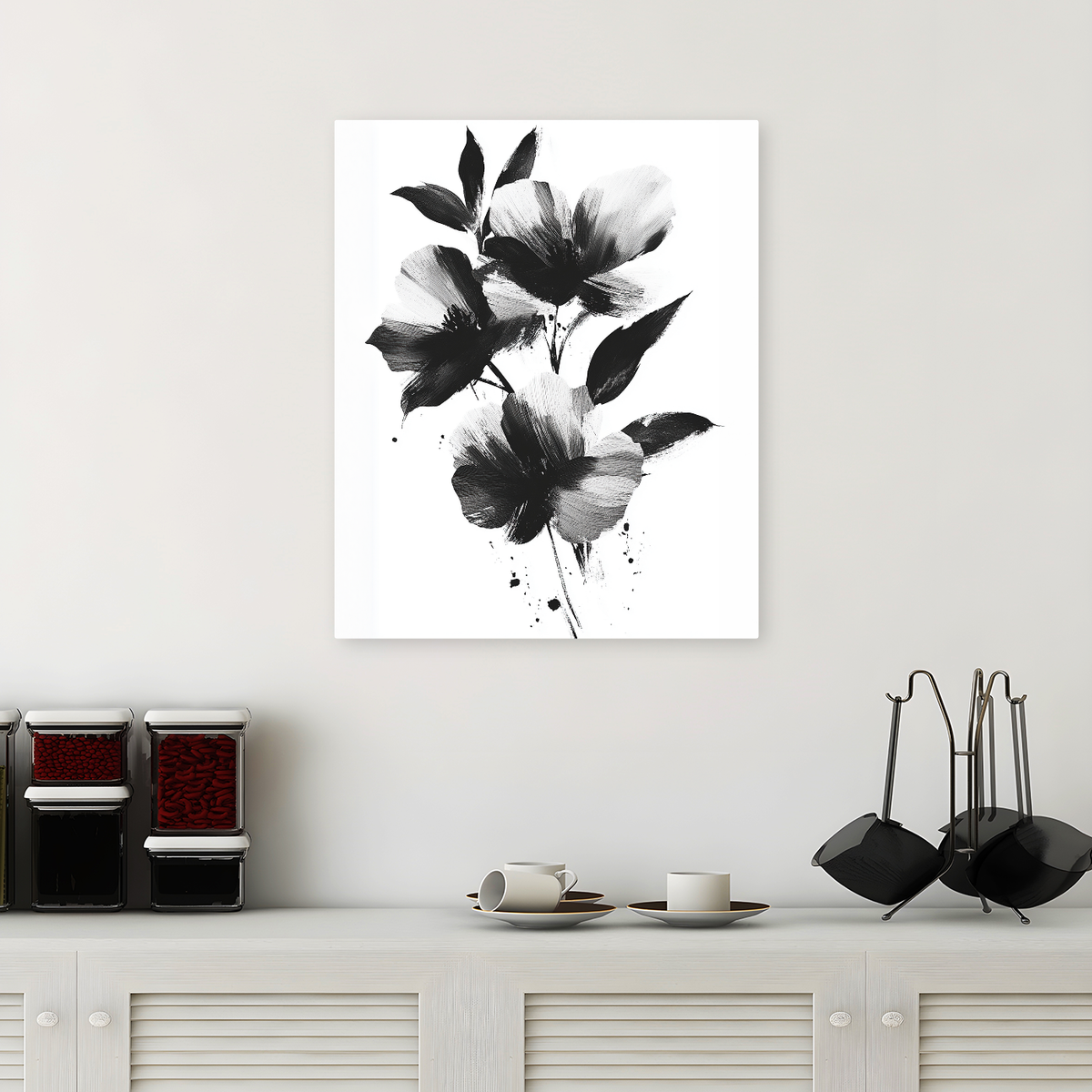 Tablou Canvas Compozitie Florala Expresiva, Pictura Moderna, Alb-Negru IPCVBST-24, Bucatarie