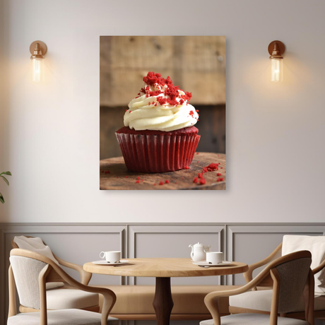 Tablou Canvas Cupcake Red Velvet, Patiserie Artizanală, Lemn Rustic, Roșu-Maro IPCVALI-380