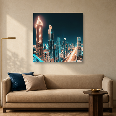 Tablou Canvas Dubai Noaptea cu Burj Khalifa, Skyline Metropolitan, Albastru-Auriu - IPCVCTY-586