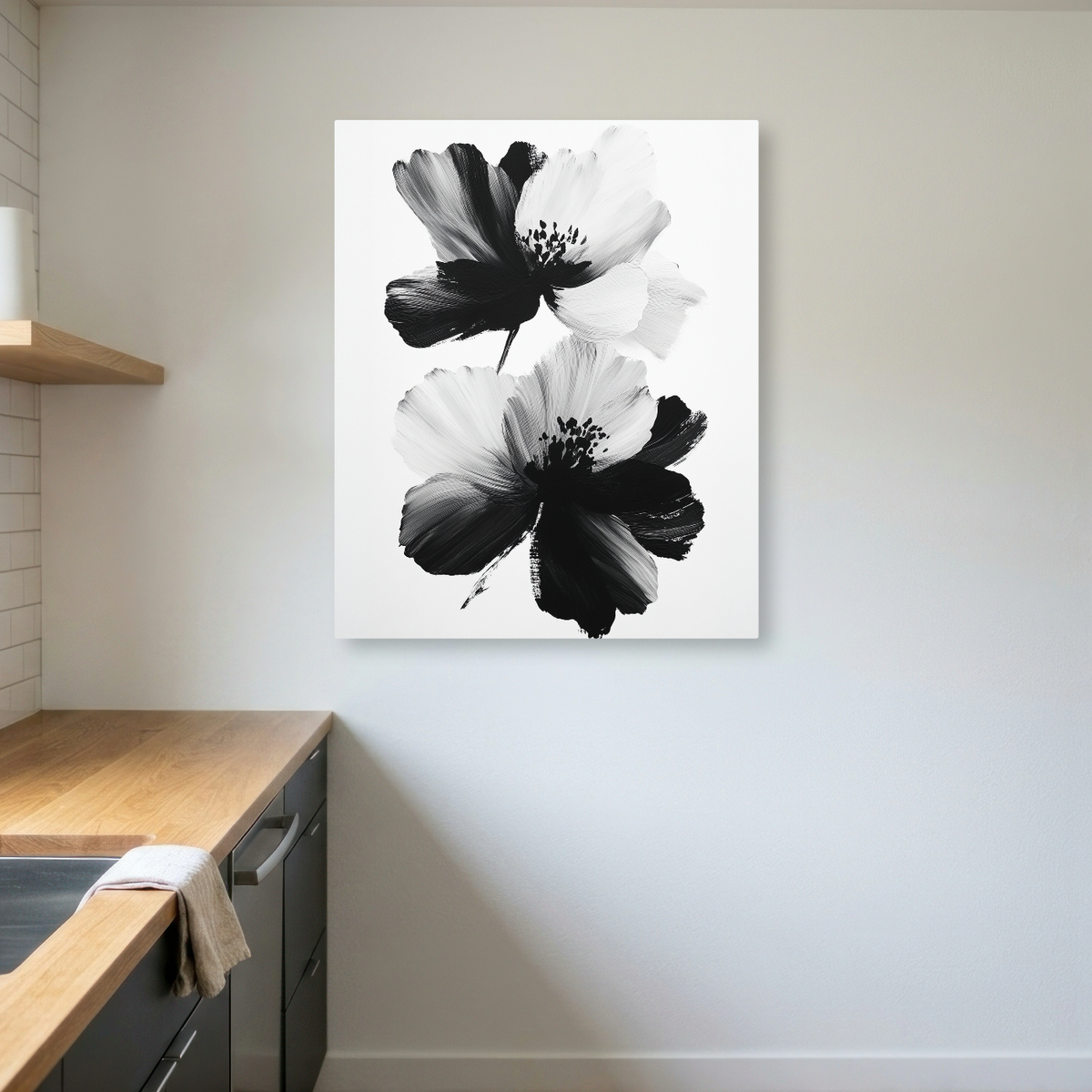 Tablou Canvas Duo Floral Abstract, Pictura Moderna, Alb-Negru IPCVBST-25, Bucatarie