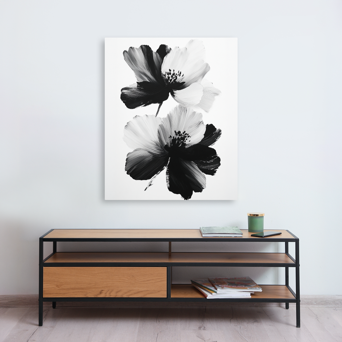 Tablou Canvas Duo Floral Abstract, Pictura Moderna, Alb-Negru IPCVBST-25, Hol Intrare