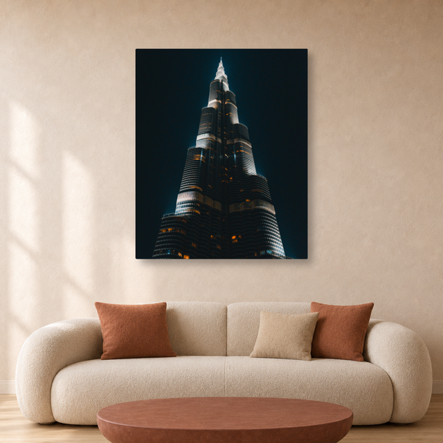 Tablou Canvas Fațadă Modernă Geometrică, Arhitectură Contemporană, Burj Kalifa, Dubai, Negru-Gri - IPCVCTY-563