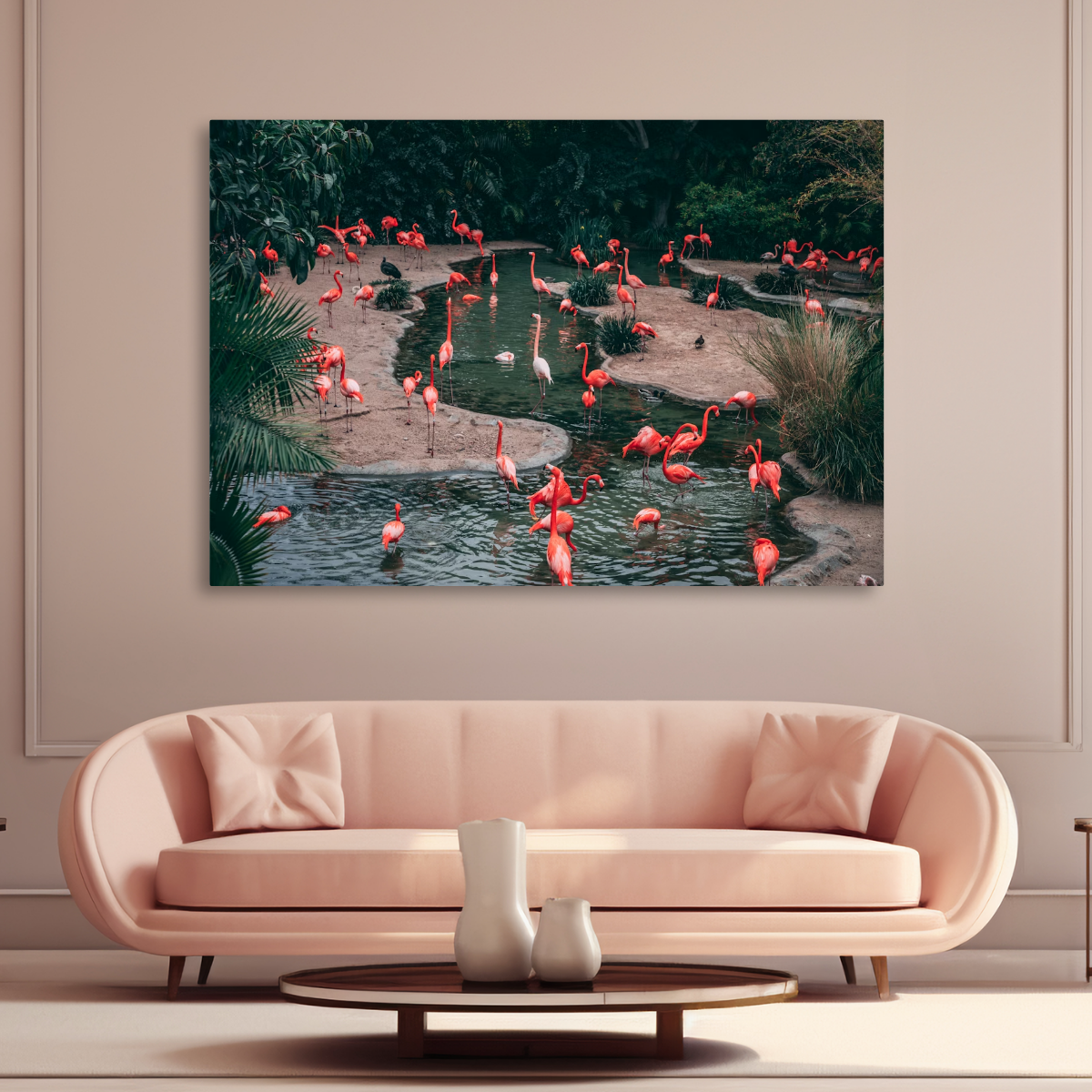 Tablou Canvas Flamingo Roz în Lagună, Natură Exotică, Roz-Verde IPCVANI-303