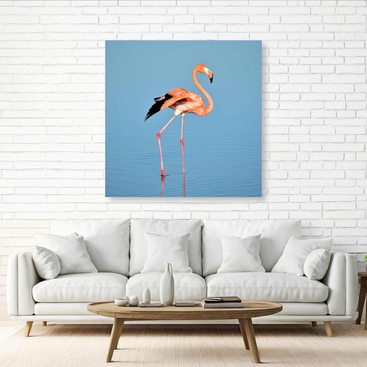 Tablou Canvas Flamingo Solitar, Compoziție Fotografică Minimalistă, Roz-Albastru IPCVANI-352