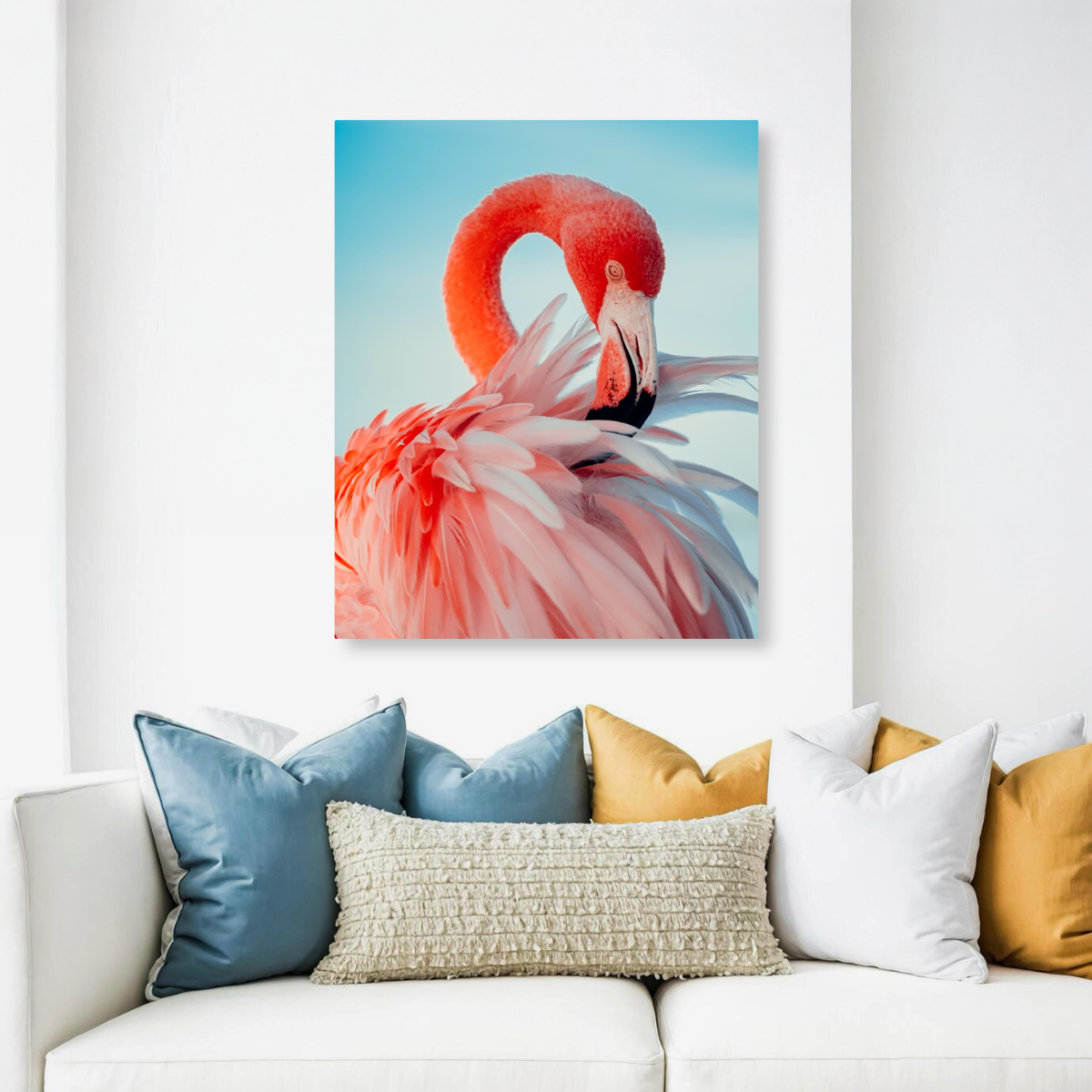 Tablou Canvas Flamingo cu Penaj Delicat, Fotografie Artistică, Roz-Albastru IPCVANI-320