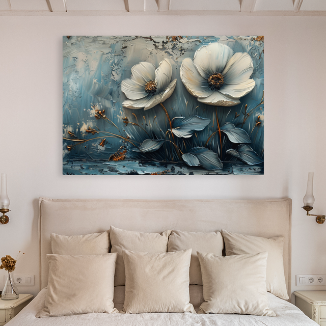 Tablou Canvas Flori Albe pe Fundal Texturat, Alb-Albastru IPCVBST-8 Dormitor