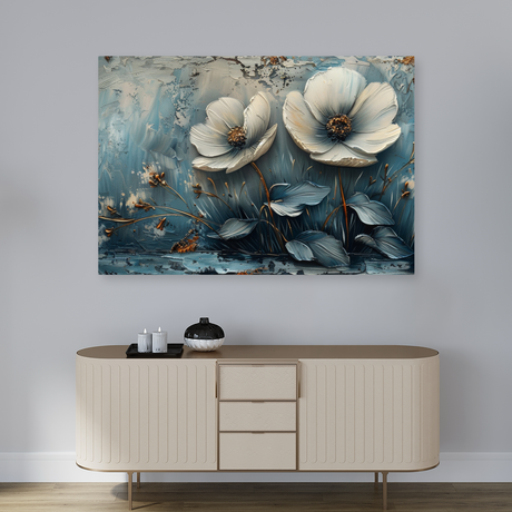 Tablou Canvas Flori Albe pe Fundal Texturat, Alb-Albastru IPCVBST-8 Hol Intrare