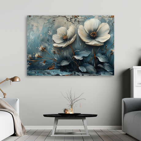 Tablou Canvas Flori Albe pe Fundal Texturat, Alb-Albastru IPCVBST-8 Living Room