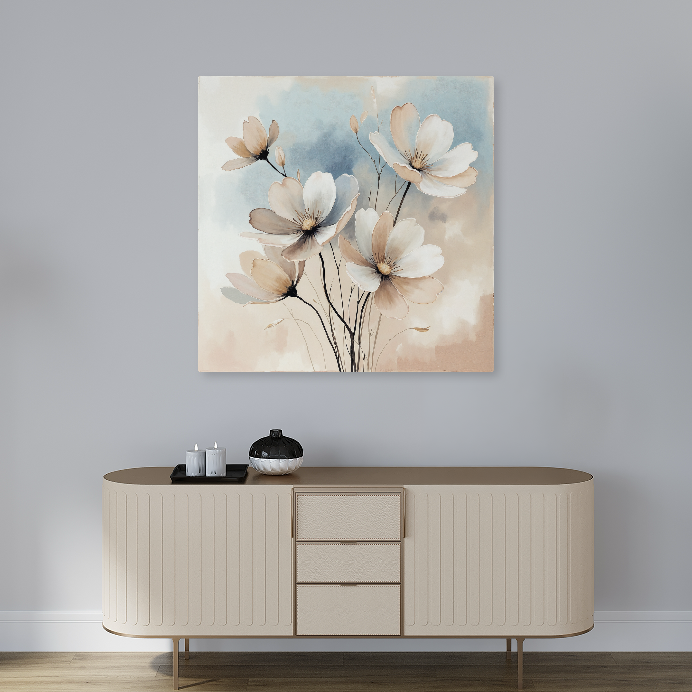 Tablou Canvas Flori Delicate Pastelate, Acuarela, Bej-Albastru IPCVBST-30, Hol Intrare