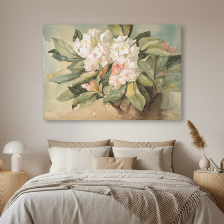 Tablou Canvas Flori Elegante Albe, Pictură Stil Acuarelă, Bej-Verde IPCVART-487