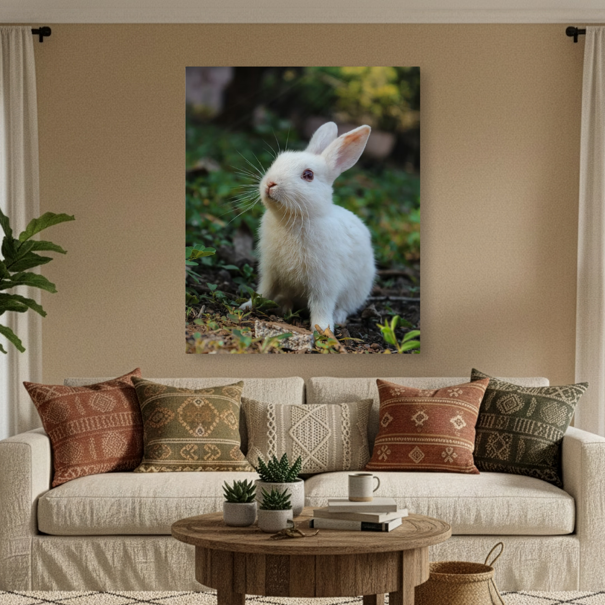 Tablou Canvas Iepuraș Alb în Grădină, Fotografie Animală, Alb-Verde IPCVANI-327
