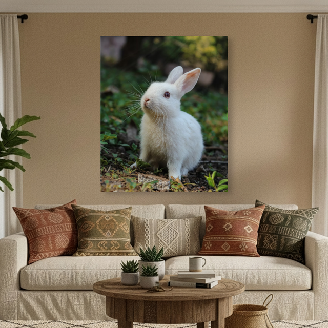 Tablou Canvas Iepuraș Alb în Grădină, Fotografie Animală, Alb-Verde IPCVANI-327
