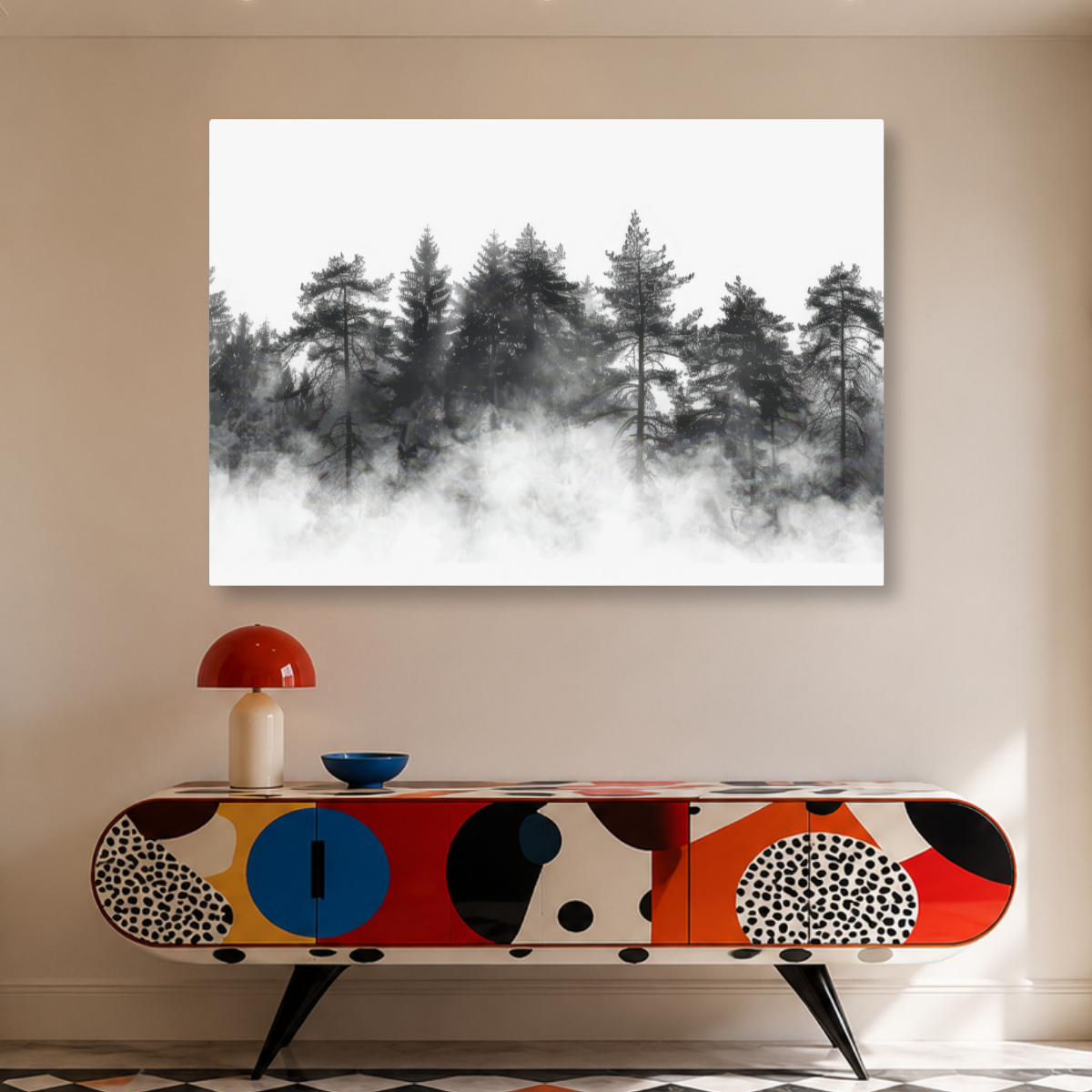 Tablou Canvas Pădure de Brazi în Ceață Alb-Negru - IPCVBW-545