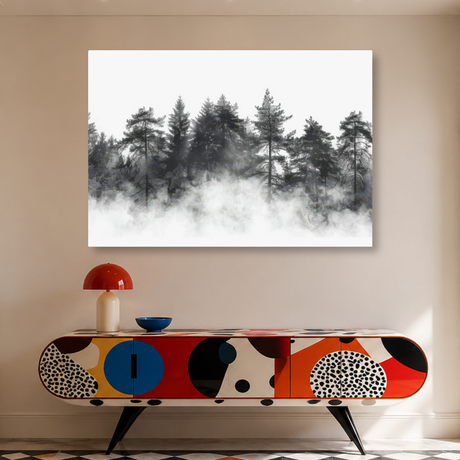 Tablou Canvas Pădure de Brazi în Ceață Alb-Negru - IPCVBW-545