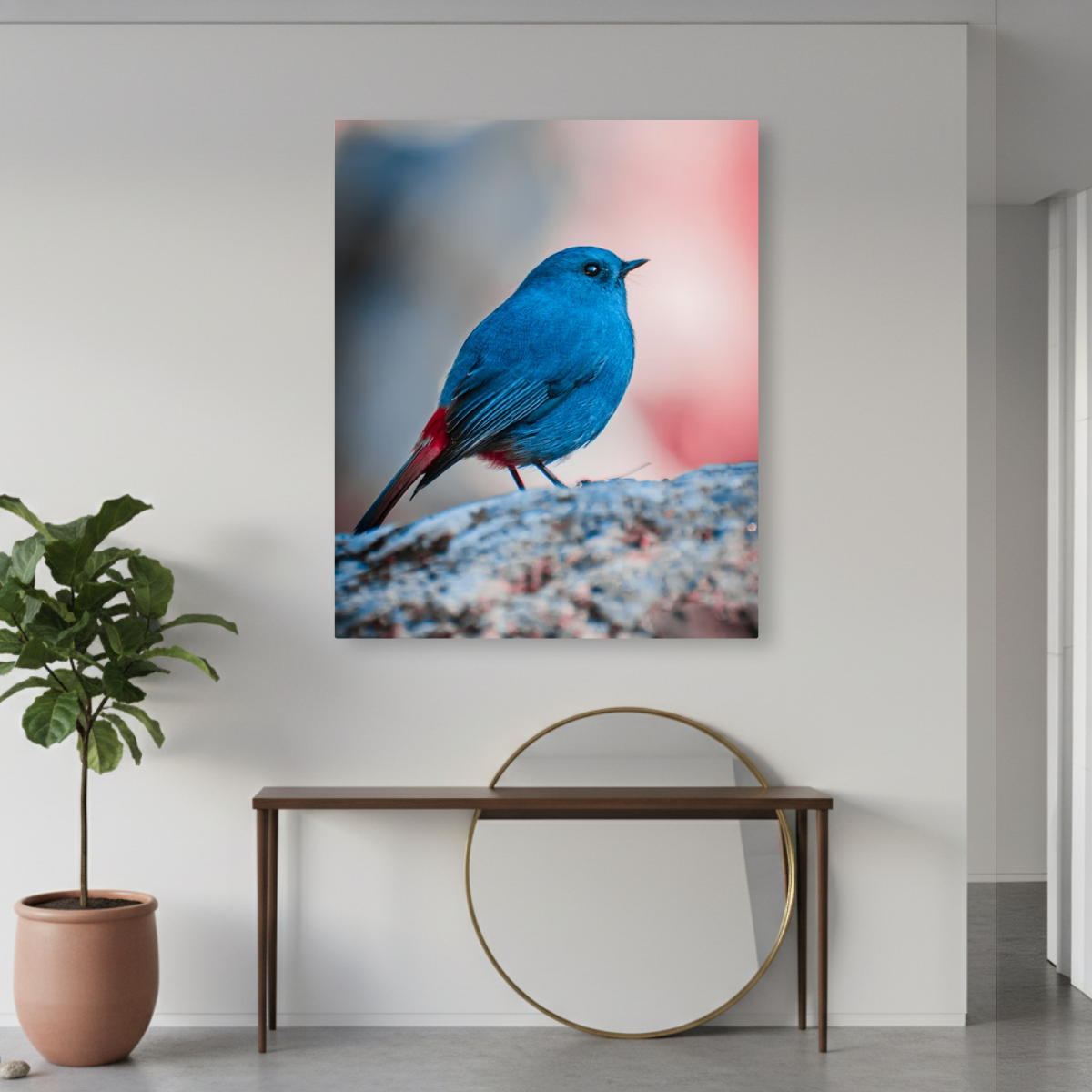Tablou Canvas Pasăre Albastră cu Penaj Intens, Fotografie Artistică, Albastru-Roz IPCVANI-329