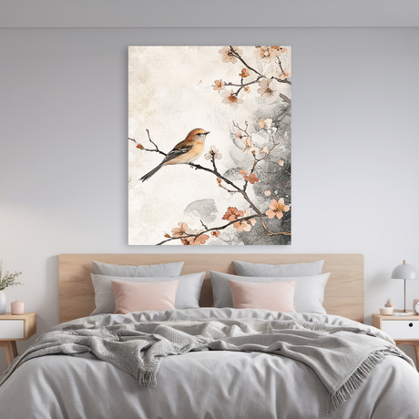 Tablou Canvas Pasare pe Ramura de Cires Inflorit, Stil Oriental, Bej-Corai IPCVBST-18, Dormitor