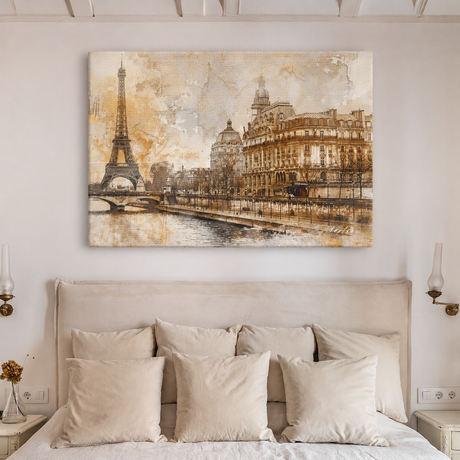 Tablou Canvas Peisaj Parizian Vintage, Turnul Eiffel, Sepia-Auriu