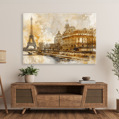 Tablou Canvas Peisaj Parizian Vintage, Turnul Eiffel, Sepia-Auriu