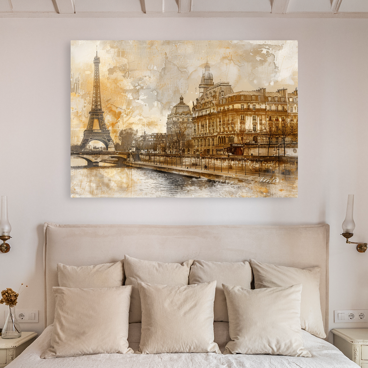 Tablou Canvas Peisaj Parizian Vintage, Turnul Eiffel, Sepia-Auriu IPCVBST-2  Dormitor