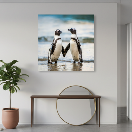 Tablou Canvas Pereche de Pinguini, Fotografie Naturală de Coastă, Alb-Albastru IPCVANI-354