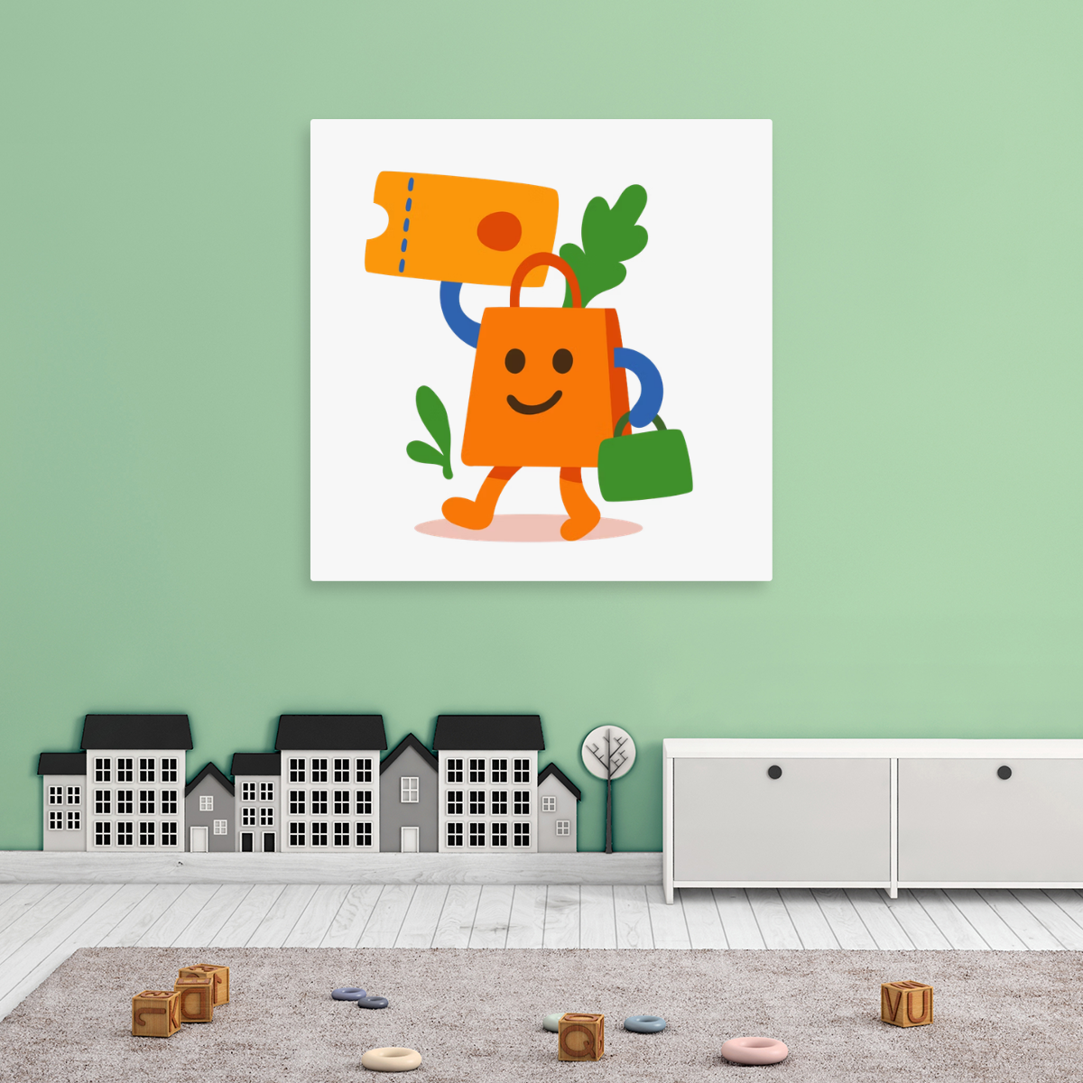 Tablou Canvas Personaj Cartoon Cumpărături, Artă pentru Copii, Portocaliu-Verde IPCVCOP-474