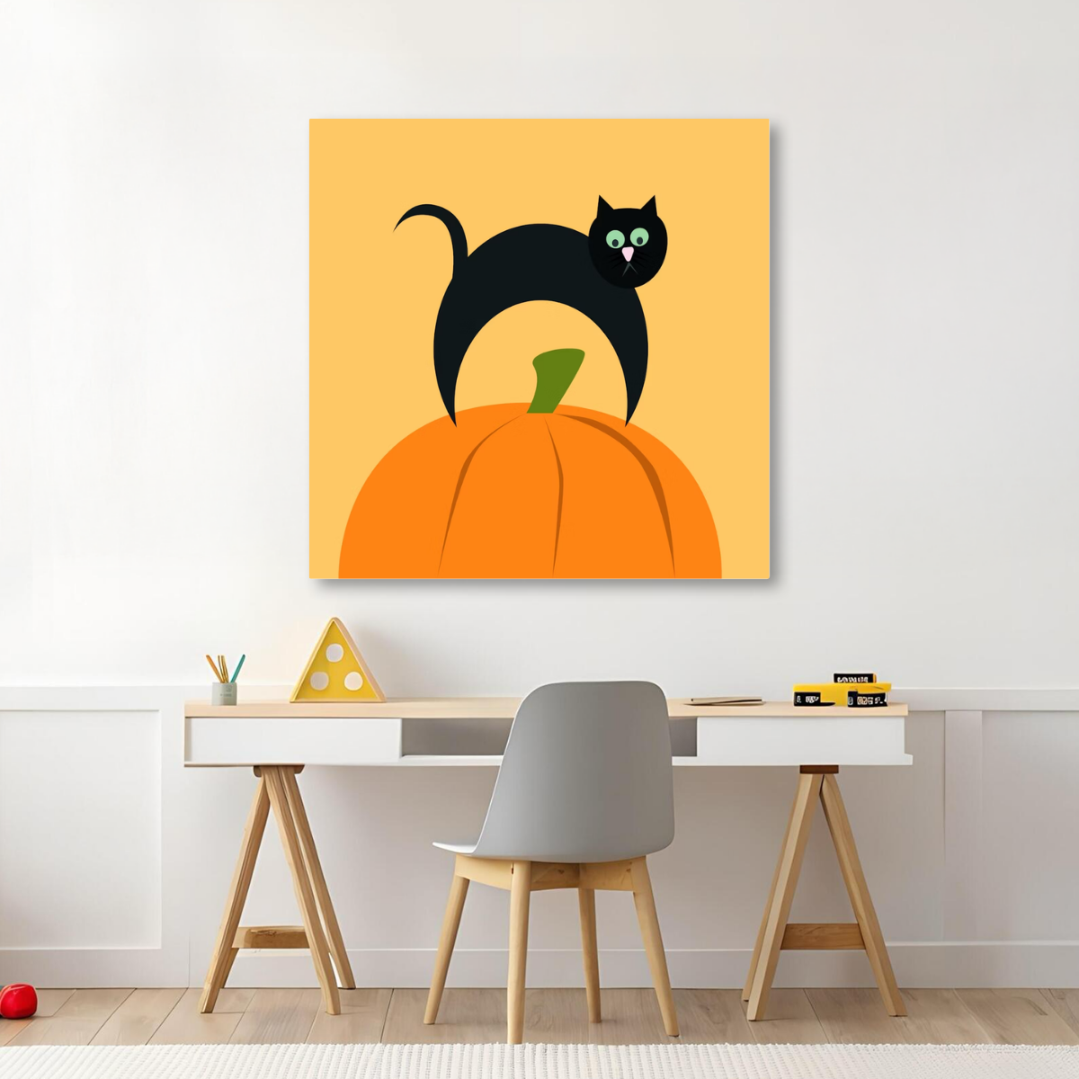 Tablou Canvas Pisică Halloween, Artă pentru Copii, Portocaliu-Galben IPCVCOP-478