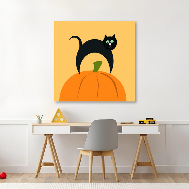 Tablou Canvas Pisică Halloween, Artă pentru Copii, Portocaliu-Galben IPCVCOP-478