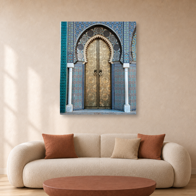 Tablou Canvas Poartă Tradițională Sculptată, Arhitectură Orientală, Maroc, Albastru-Bej - IPCVCTY-566