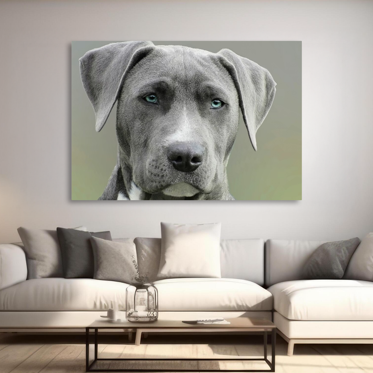 Tablou Canvas Portret Câine cu Ochi Albaștri, Fotografie Canină, Gri-Verde IPCVANI-313